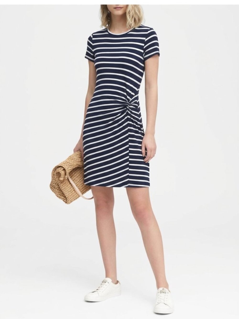 Banana Republic Short Sleeve Knit Twist Striped Tee T-shirt dress navy blue knot